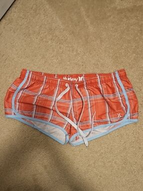 Hurley Coral Plaid Swim Shorts with Light Blue Trim